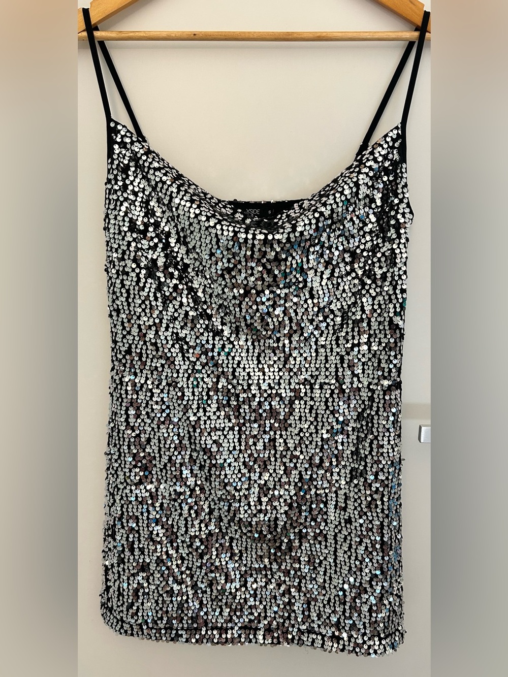 Sequin Cowl Neck Camisole Tank Top - Black/Silver